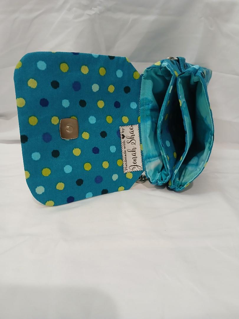Blue multi-color dots crossbody wallet